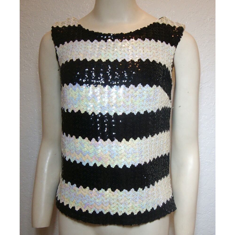 Vintage Sequin Top 60's GO GO GIRL SZ 9 S M Black White PIN UP Sleeveless Lined